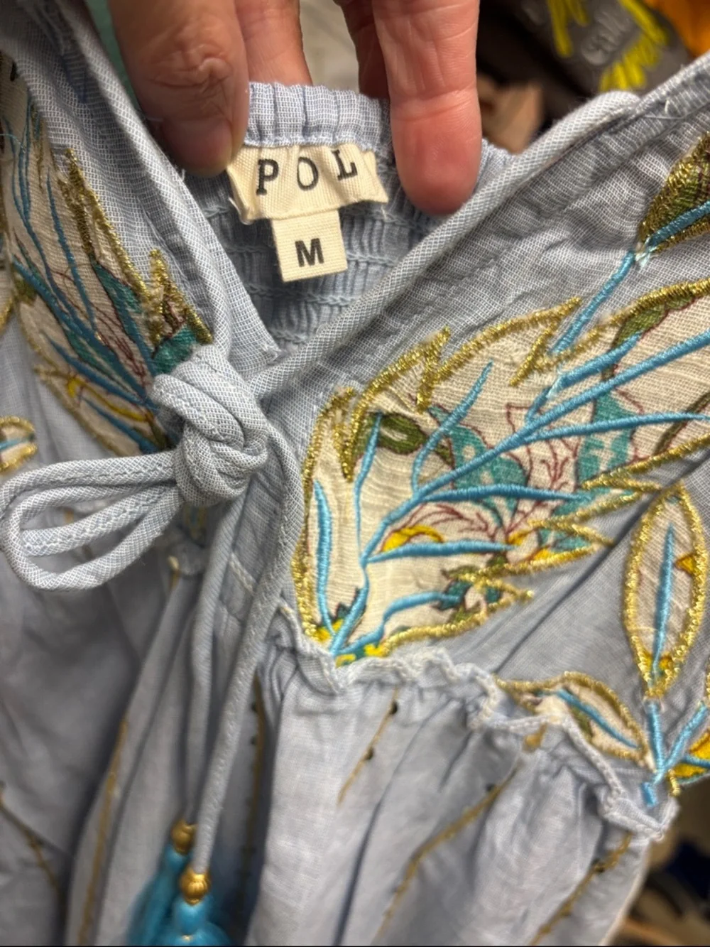 POL Light Blue Embroidered Maxi Dress with Tassel Tie and Sequin detail Women